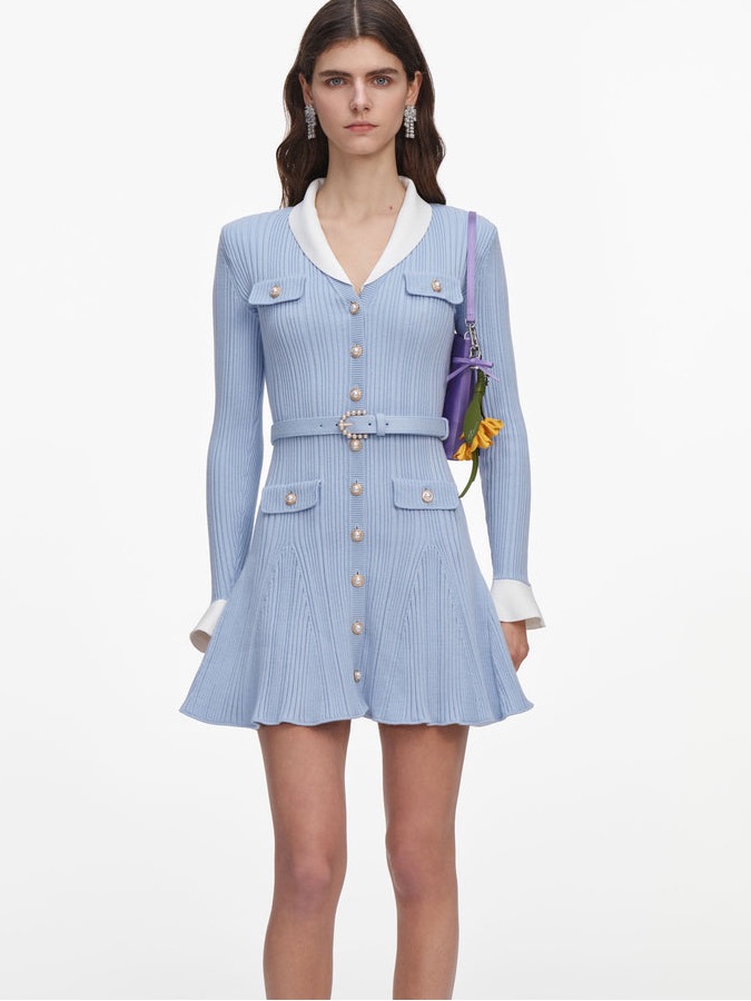 Nwot Self-Portrait Blue Ribbed Knit Mini Dress